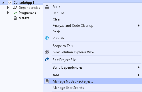 Manage NuGet Packages on the project